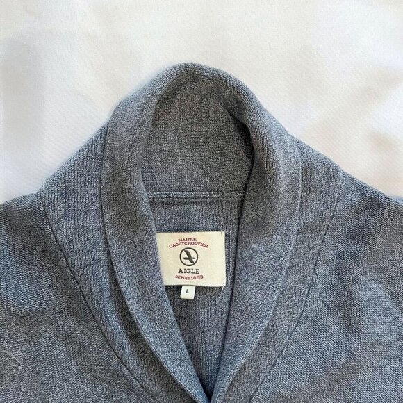 AIGLE MEN'S GREY 100% COTTON SHAWL LAPEL CARDIGAN - L - Picture 7 of 13